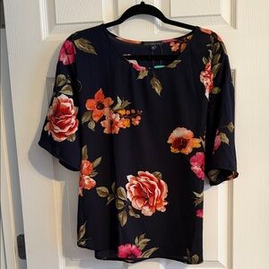 West Kei Navy Floral Short Sleeve Blouse with Coral and Pink Blooms